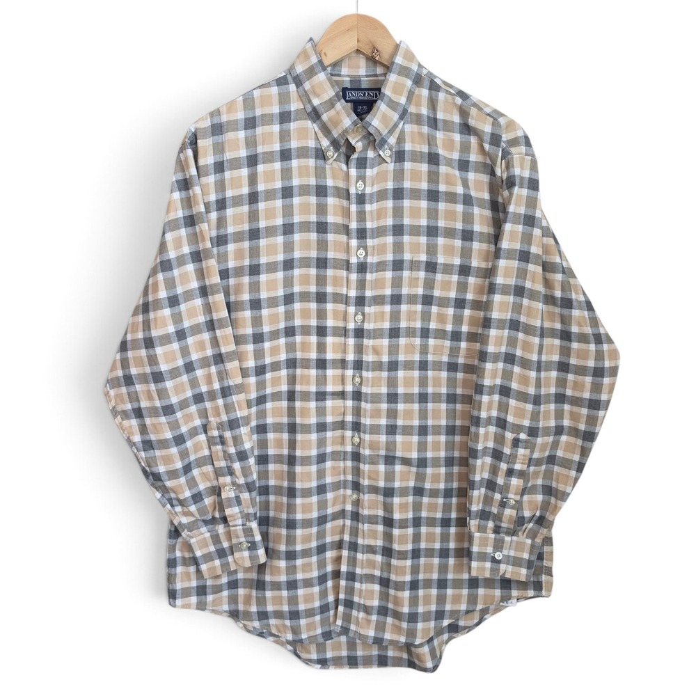 Lands End Dress Shirt Mens 16 32 Beige Button Down Cotton Long Sleeve Pocket